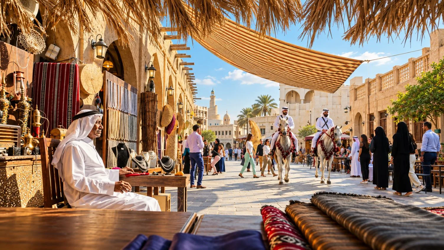 Souq Waqif market lane with traditional shops, visitors and horse riders