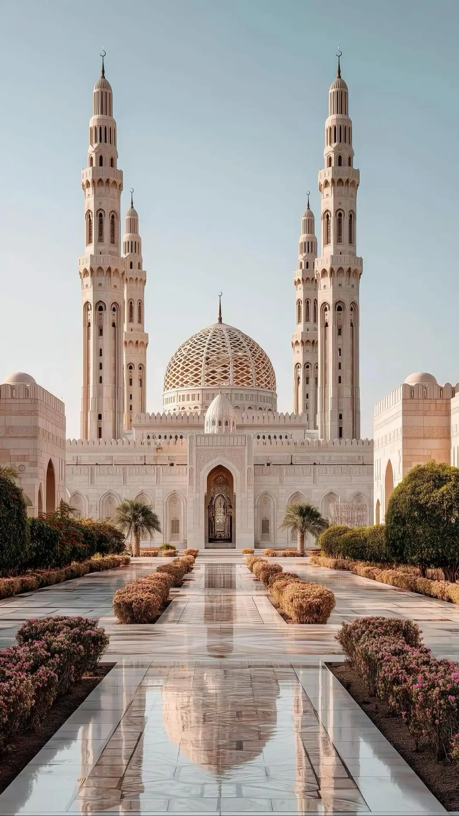 White mosque arches and courtyard in Muscat
