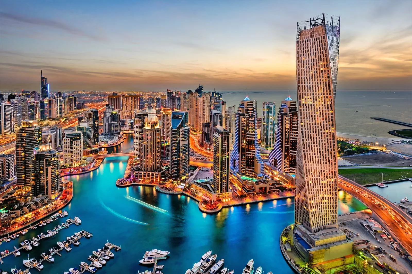 Dubai Marina skyline and waterfront at sunset